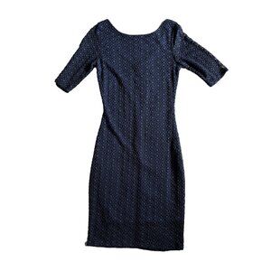 Birdseye - Navy blue, bodycon, three quarter length sleeve, dress, scoop back